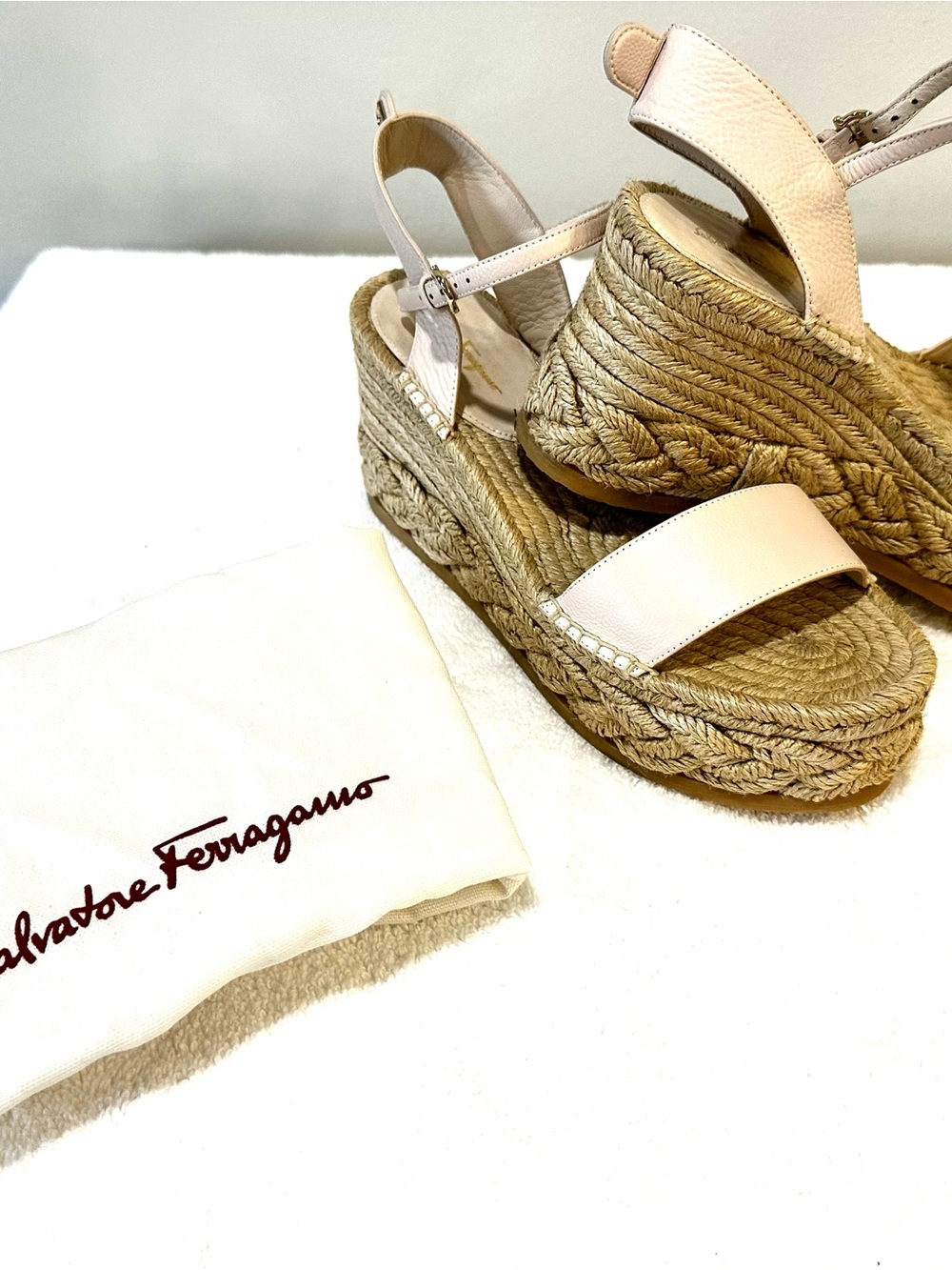 Salvatore Ferragamo Beige Leather Espadrille Wedge Sandals